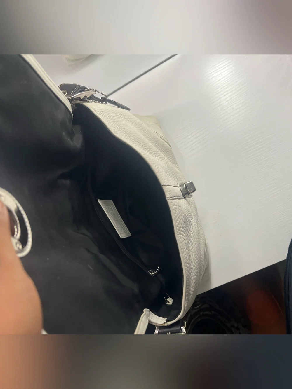 White Leather Shoulder Bag with Brown Strap